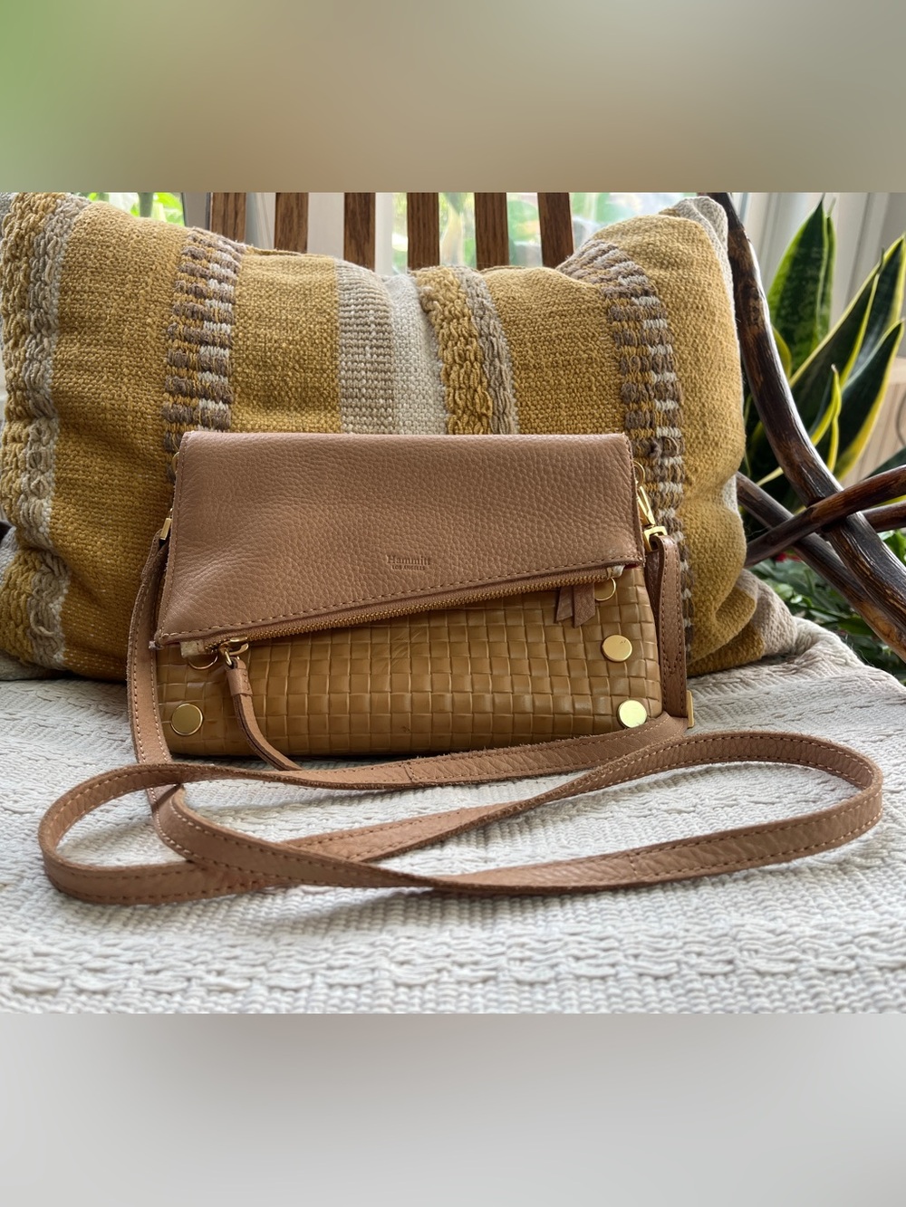 Hammitt Small Toast Tan Snake Crossbody Clutch with Gold Hardware